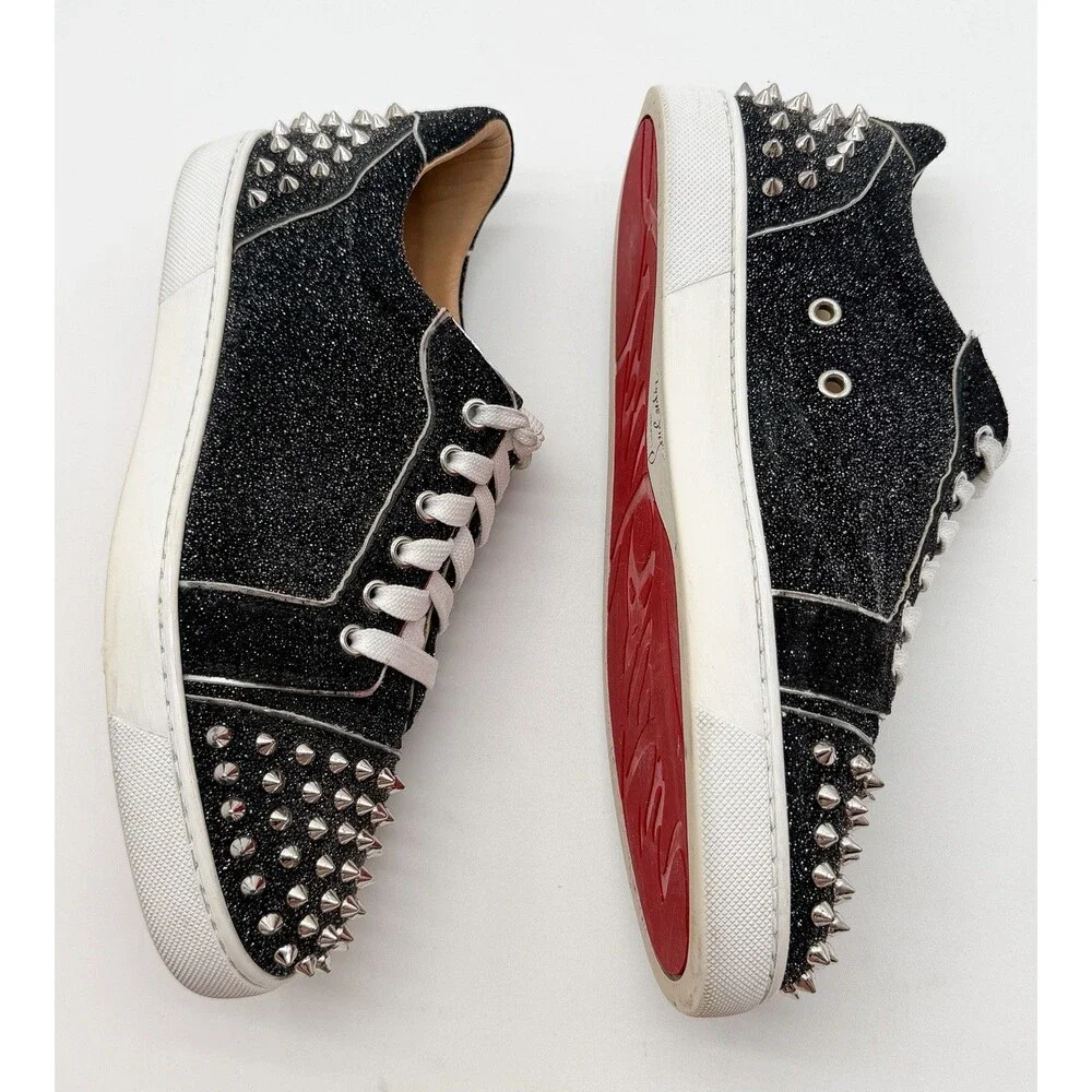 Christian Louboutin Vieira 2 Low Top Sneaker Black Glitter Silver Spikes EU 41 - Picture 4 of 15